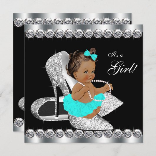 ダイヤモンドティール（緑がかった色）ブルーブラックブレックファーストベビーシャワー 招待状 (正面/裏面)