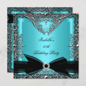ダイヤモンドティール(緑がかった色)ブルーブラックボウシルバーバースデーパーティー 招待状 (正面/裏面)