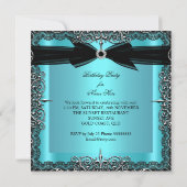 ダイヤモンドティール(緑がかった色)ブルーブラックボウシルバーバースデーパーティー 招待状 (裏面)