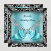 ダイヤモンドティール（緑がかった色）ブルーボウシルバーブラックバースデーパーティー 招待状 (正面/裏面)