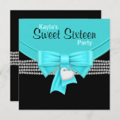 ダイヤモンドティール（緑がかった色）ブルー白黒スウィート16パーティー 招待状 (正面/裏面)
