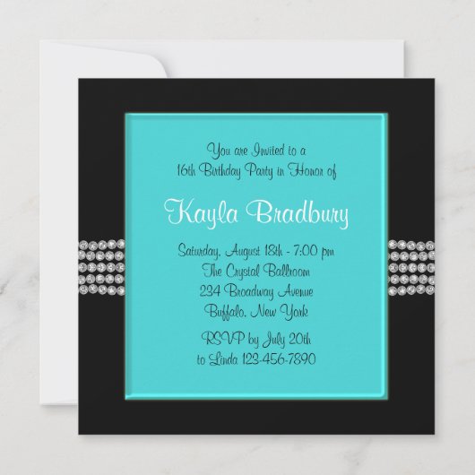 ダイヤモンドティール（緑がかった色）ブルー白黒スウィート16パーティー 招待状 (裏面)