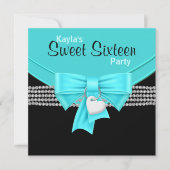 ダイヤモンドティール（緑がかった色）ブルー白黒スウィート16パーティー 招待状 (正面)