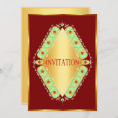 ダイヤモンドデザイングリーンと赤い招待状の金ゴールド 招待状 (正面/裏面)