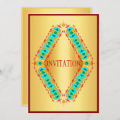 ダイヤモンドデザインブルーと赤の金ゴールド招待 招待状 (正面/裏面)