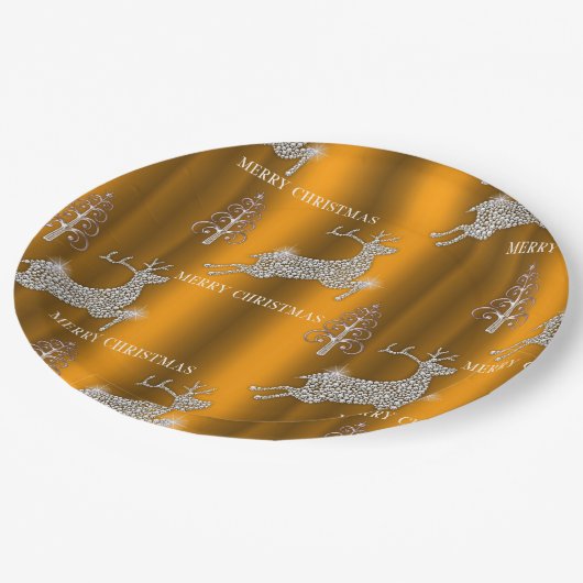 ダイヤモンドトナカイと光沢のある金ゴールドクリスマス ペーパープレート (アングル)
