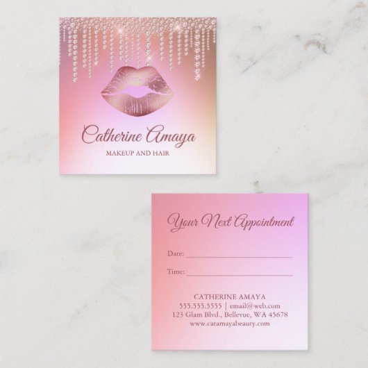 ダイヤモンドドリップバラ金ゴールドメイクアップヘアアポイントメント スクエア名刺 (正面/裏面)