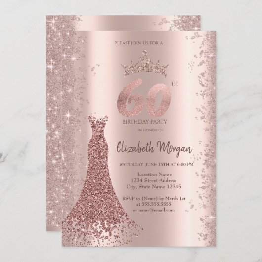 ダイヤモンドドレスバラ金ゴールドグリッターダスト60th誕生日 招待状 (正面/裏面)