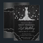 ダイヤモンドドレス&《写真》ぼけ味ストリングライト21st誕生日 招待状<br><div class="desc">シルバーエレガント《写真》ぼけ味ストリングライトとグリッターグラムエッジ付きシルバーダイヤモンドドレス素朴な黒い木の背景</div>