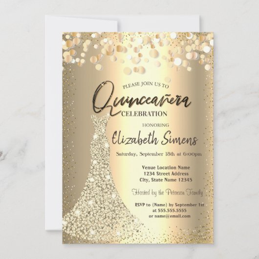ダイヤモンドドレス、金の紙吹雪Quinceañera 招待状 (正面)