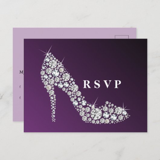 ダイヤモンドハイヒールグリッターエレガントRSVP インビテーションポストカード (正面/裏面)
