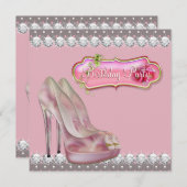 ダイヤモンドハイヒールシューピンク&ブラウン誕生日パーティー 招待状 (正面/裏面)