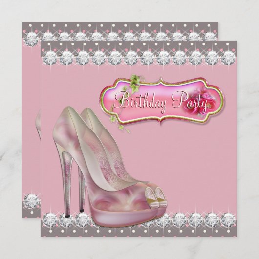 ダイヤモンドハイヒールシューピンク&ブラウン誕生日パーティー 招待状 (正面/裏面)