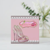 ダイヤモンドハイヒールシューピンク&ブラウン誕生日パーティー 招待状 (スタンド正面)