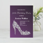 ダイヤモンドハイヒールパープルエレガントな誕生日パーティー 招待状 (スタンド正面)