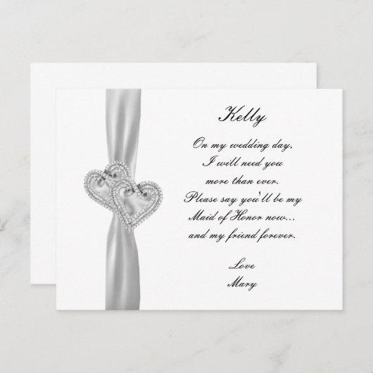ダイヤモンドハートス結婚ホワイトのメイド・オブ・オーナー（花嫁付き添い人）カード 招待状 (正面/裏面)