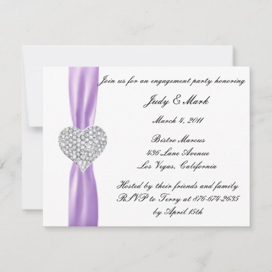 ダイヤモンドハートパープル婚約パーティ招待状 招待状 (正面)