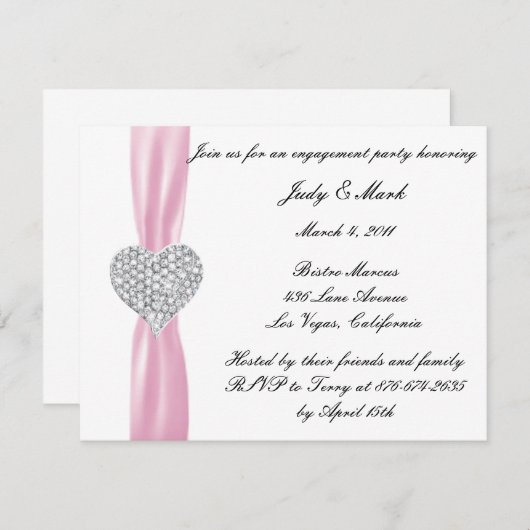 ダイヤモンドハートピンク婚約パーティ招待状 招待状 (正面/裏面)