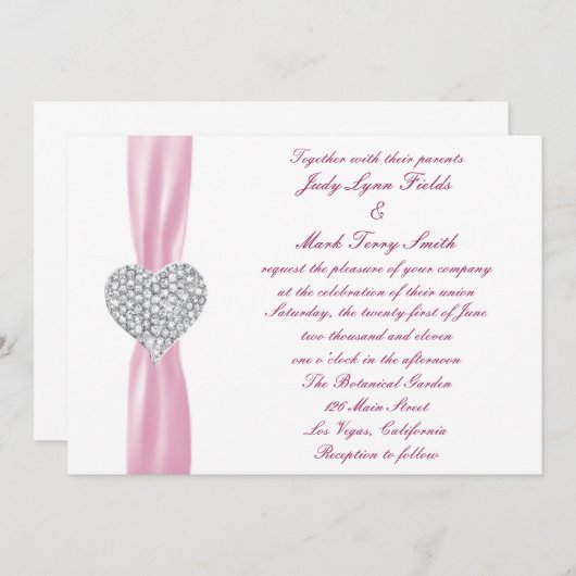 ダイヤモンドハートピンク結婚式招待状 招待状 (正面/裏面)