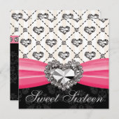 ダイヤモンドハートホットピンクSweet sixteen招待状D 招待状 (正面/裏面)