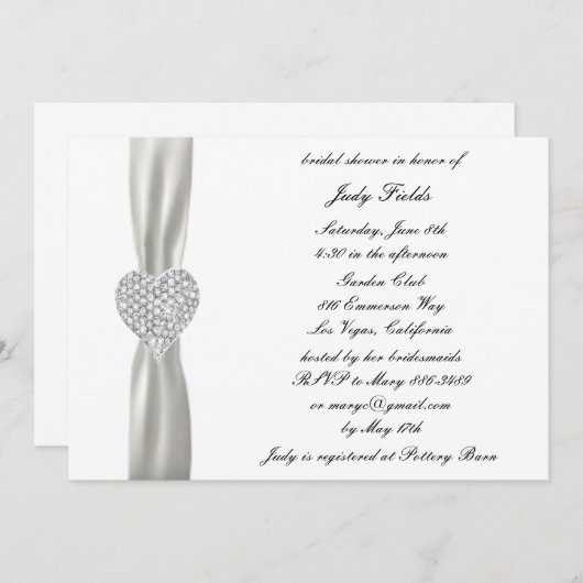 ダイヤモンドハート結婚ホワイトブライダルシャワー招待状 招待状 (正面/裏面)
