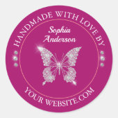 ダイヤモンドバタフライラブアンドハンドメイド深い明るい赤紫色 ラウンドシール (正面)