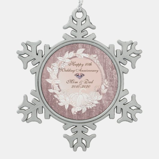 ダイヤモンドバラ金ゴールドパンプキ結婚ン10周年 スノーフレークピューターオーナメント (正面)