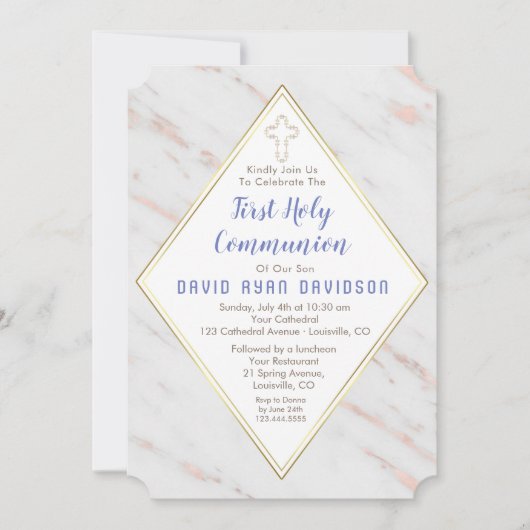ダイヤモンドバラ金ゴールド大理石ファースト・ホリー・コミュニオン 招待状 (正面)