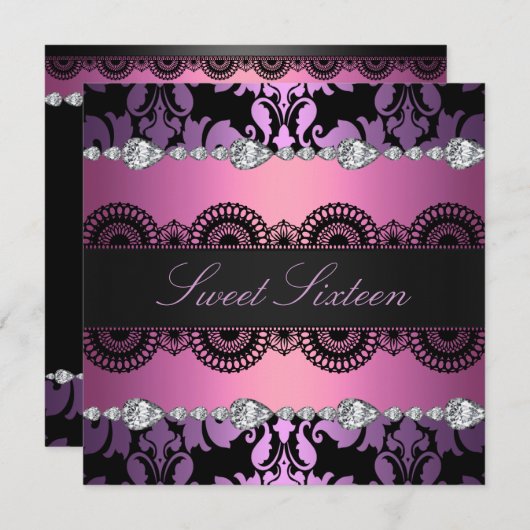 ダイヤモンドパープル/ピンクスウィート16誕生日招待状 招待状 (正面/裏面)