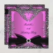 ダイヤモンドピンクブラックボウシルバーバースデーパーティー 招待状 (正面/裏面)