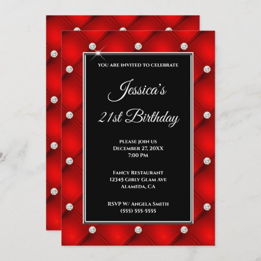 ダイヤモンドフェイクタフテッドブライトレッド21歳の誕生日 招待状 (正面/裏面)
