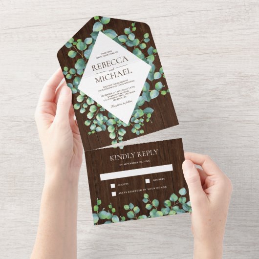 ダイヤモンドフレームユーカリの葉古材ウェディング オールインワン招待状 (貼ってはがせる)
