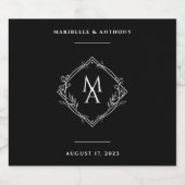 ダイヤモンドフローラモノグラム結婚ブラック スパークリングワインラベル (シングルラベル)