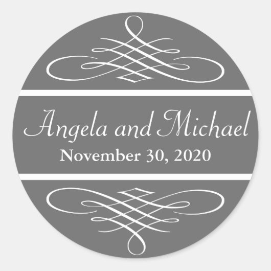 ダイヤモンドフローリッシュウェディングラベル（グレー） ラウンドシール (正面)