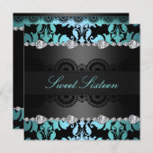 ダイヤモンドブラック/ブルースウィート16誕生日招待状 招待状 (正面/裏面)