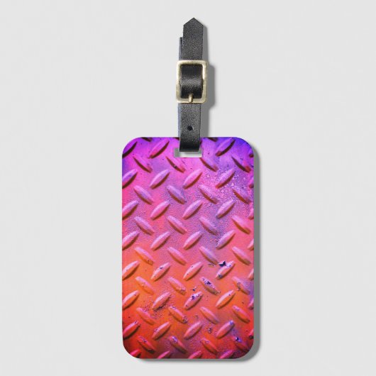 ダイヤモンドプレートスチールパープルとオレンジ ラゲッジタグ (正面縦)