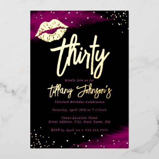 ダイヤモンドホットピンク金ゴールドキス30th誕生日 箔招待状 (正面)