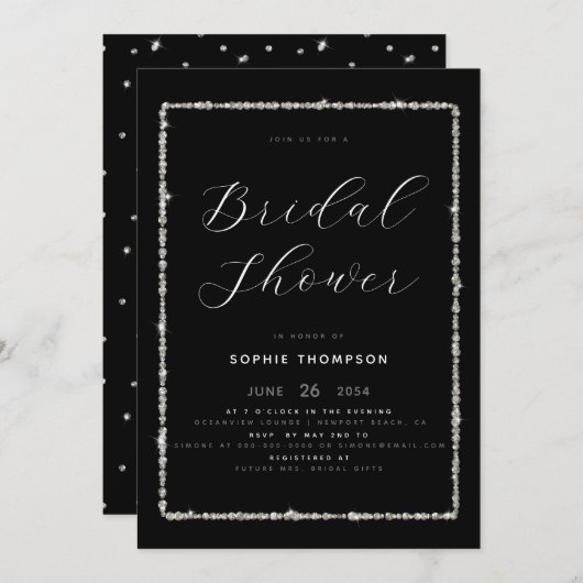 ダイヤモンドモダンスパークルグリッターフレームブライダルシャワー 招待状 (正面/裏面)