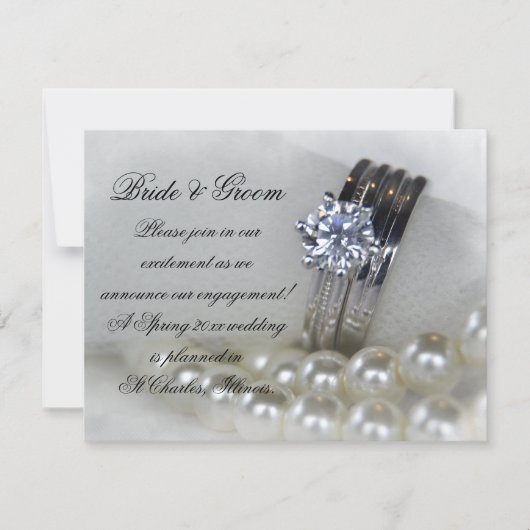 ダイヤモンドリングや輪と真珠の婚約発表 案内状 (正面)