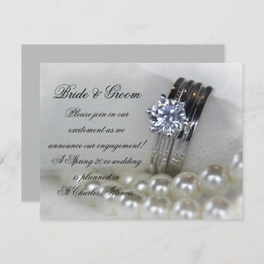 ダイヤモンドリングや輪と真珠の婚約発表 案内状 (正面/裏面)