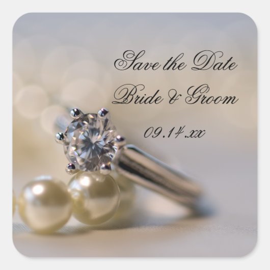 ダイヤモンドリングや輪と真珠の結婚式の日付を保存 スクエアシール (正面)
