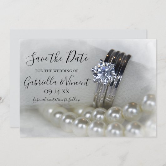ダイヤモンドリングや輪と真珠の結婚式の日付を保存 セーブザデート (正面/裏面)