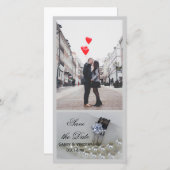 ダイヤモンドリングや輪と真珠の結婚式の日付を保存 セーブザデート (正面/裏面)