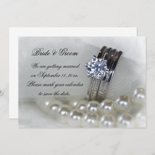 ダイヤモンドリングや輪と真珠の結婚式の日付を保存 招待状 (正面/裏面)