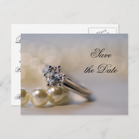 ダイヤモンドリングや輪と真珠の結婚式の日付を保存 案内ポストカード (正面/裏面)