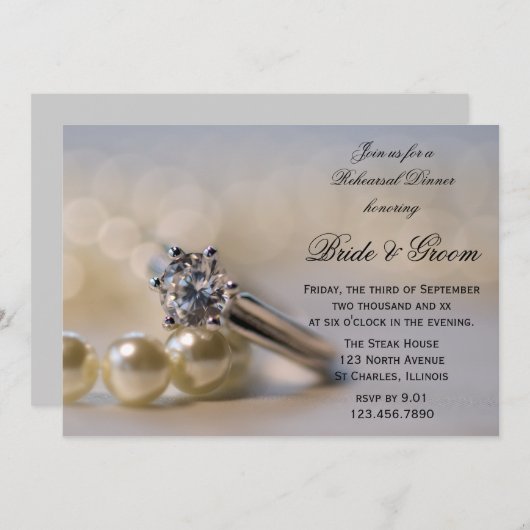 ダイヤモンドリングや輪と結婚真珠のリハーサルディナー 招待状 (正面/裏面)