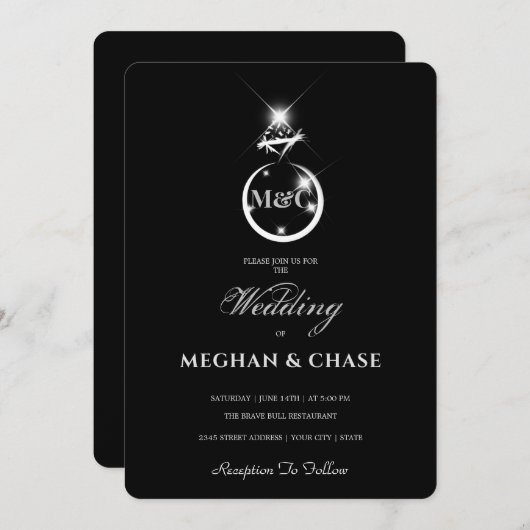 ダイヤモンドリングや輪モノグラムブラックアンドホワイト結婚ズ 招待状 (正面/裏面)