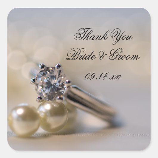ダイヤモンドリングや輪結婚パールのサンキューメッセージカード スクエアシール (正面)