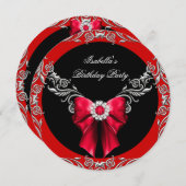 ダイヤモンドレッドボウシルバーブラックバースデーパーティーR 招待状 (正面/裏面)