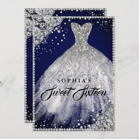 ダイヤモンドレースススパークルガウン海軍シルバースウィート16 招待状 (正面/裏面)